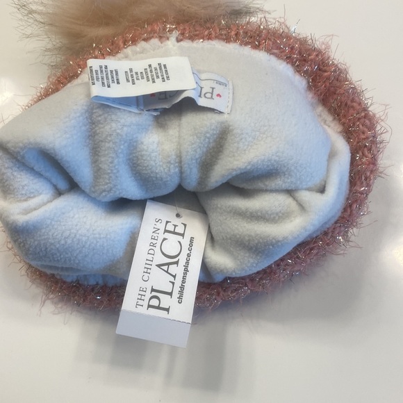 NWT Children’s Place pink multicolored striped tinsel toboggan with furry pompom - Picture 5 of 7